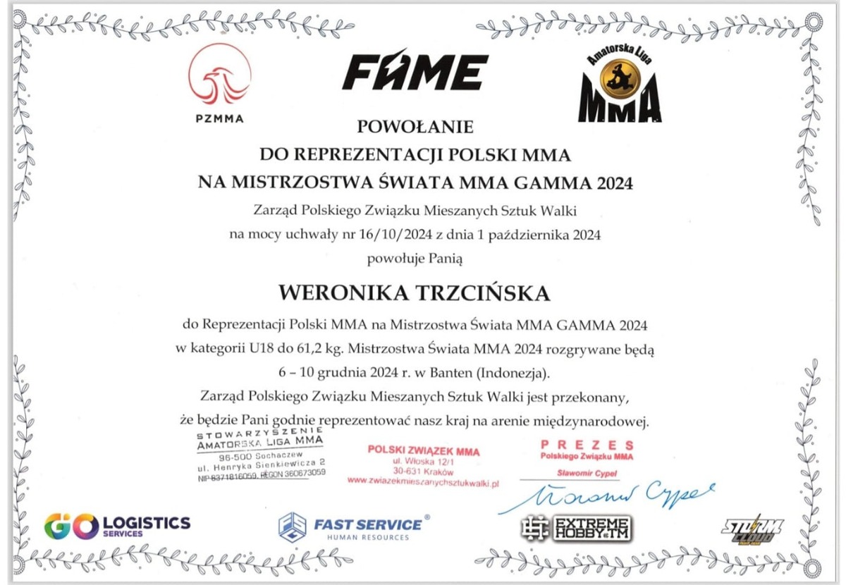 Weronika Trzcińska została powołana do  Reprezentacji Polski w MMA