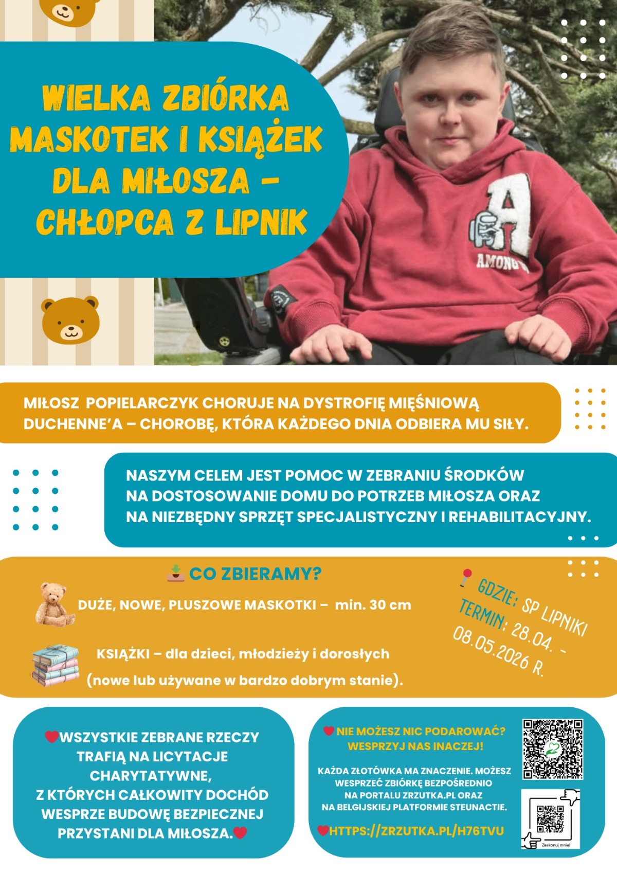 Wielka zbiórka maskotek i książek dla Miłosza w Szkole Podstawowej w Lipnikach