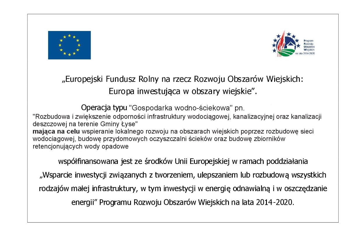 Rozbudowa i zwiększenie odporności infrastruktury wodociągowej, kanalizacyjnej oraz kanalizacji deszczowej na terenie Gminy Łyse