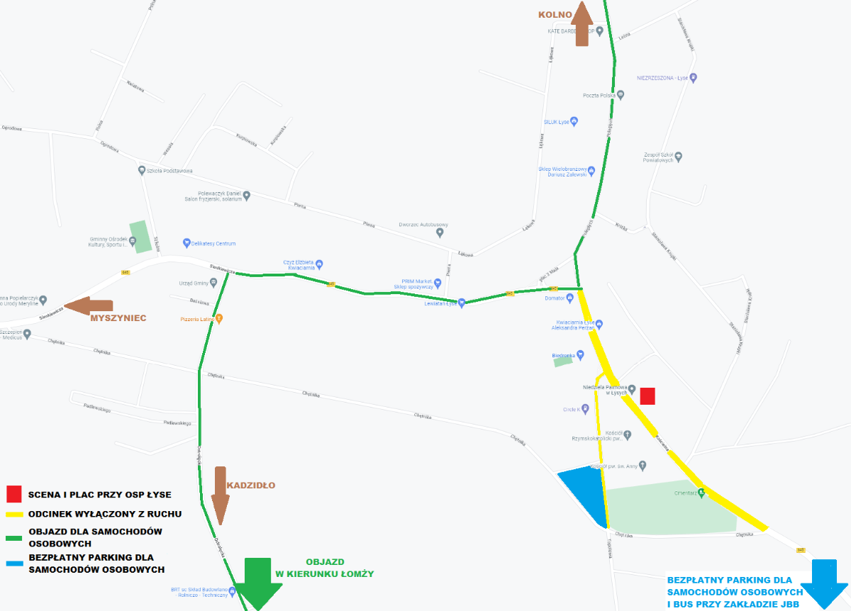 Plan organizacji ruchu i parkingów w miejscowości Łyse w dniu 2 kwietnia 2023 r.