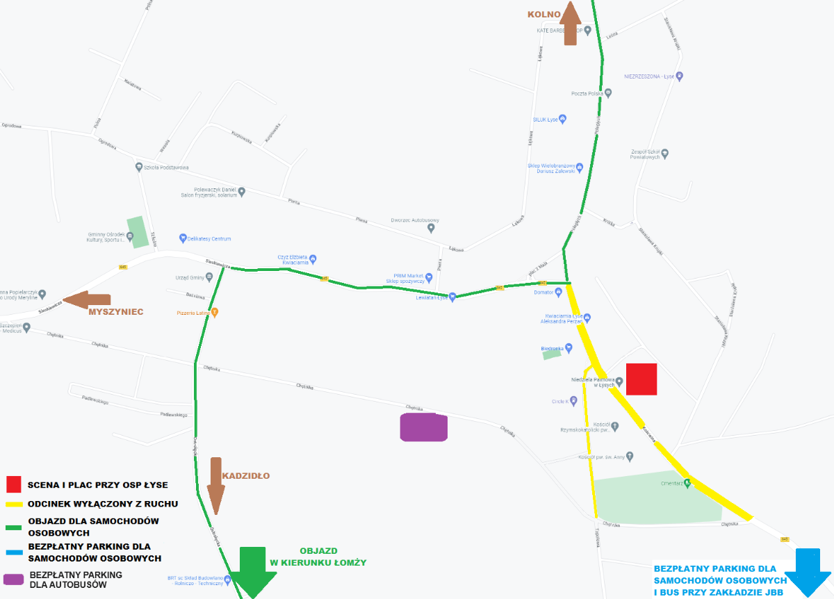 Plan organizacji ruchu i parkingów w miejscowości Łyse w dniu 24 marca 2024 r.