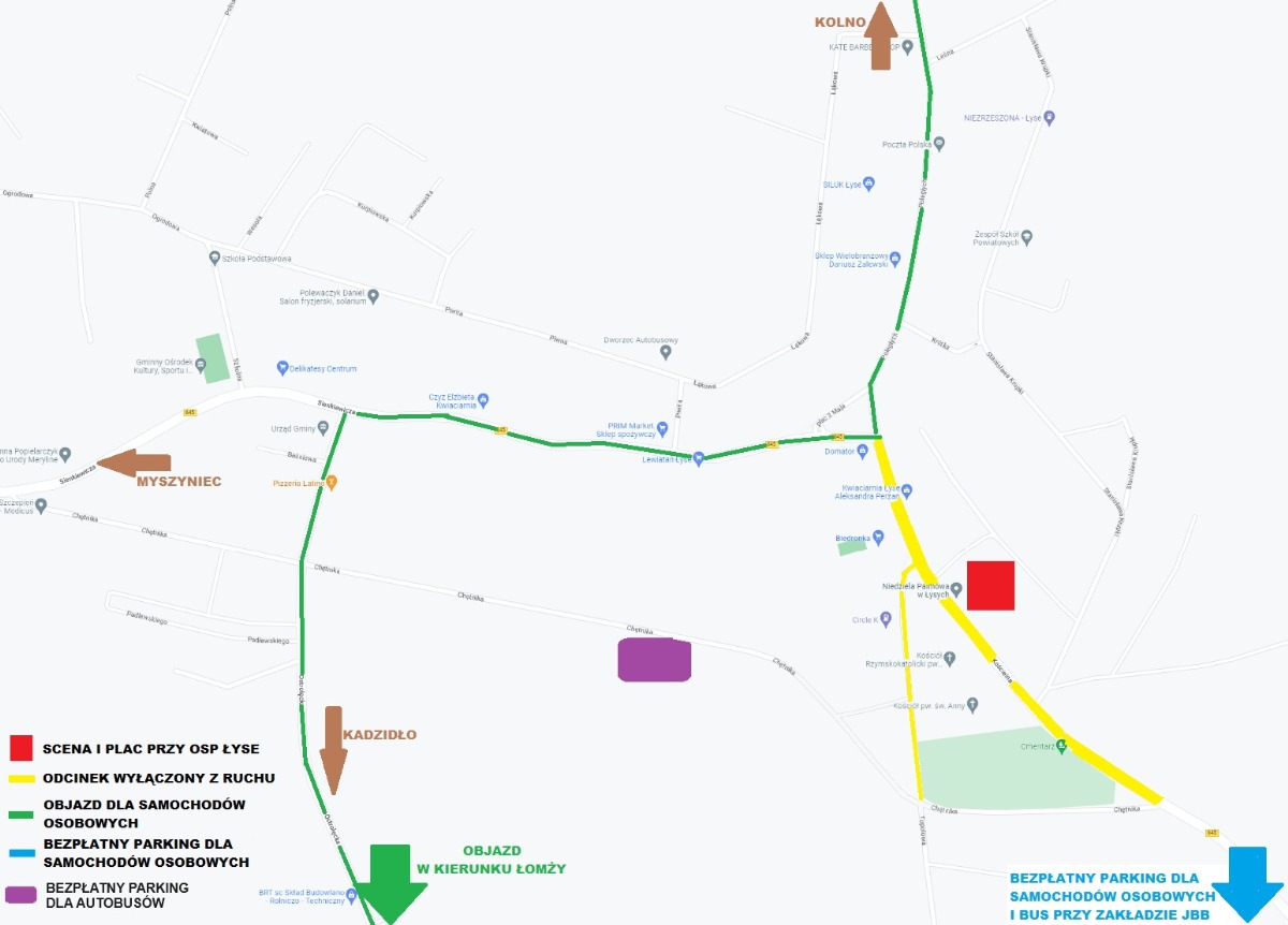 Plan organizacji ruchu i parkingów w miejscowości Łyse w dniu 13 kwietnia 2025 r.